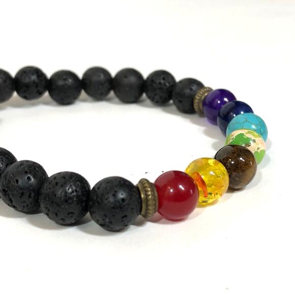 Chakra Bracelet Lava Stone Black Rainbow Adjustable Unisex Gemstone Healing - Picture 3 of 7